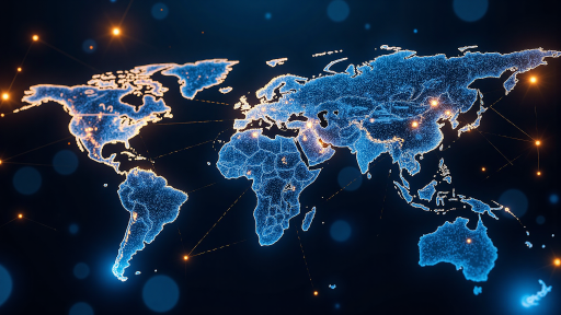 國際商務背景圖,包含全球地圖線條、城市天際線、金融建築輪廓,深藍色調,簡潔層次分明